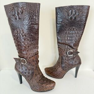 Veari Leather Crocodile Boots Brown Buckle Heeled Knee High Women’s Size 10